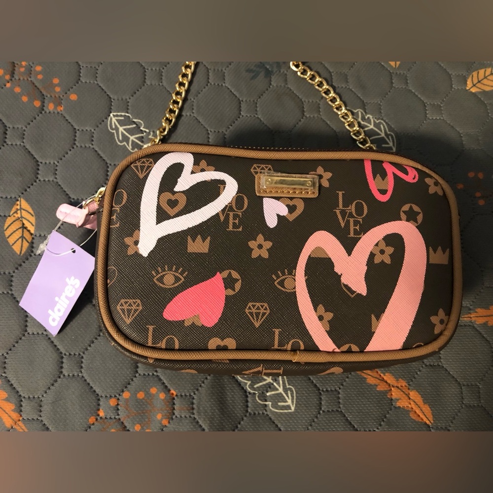 Claire's Crossbody Bag with Pink & White Heart Print